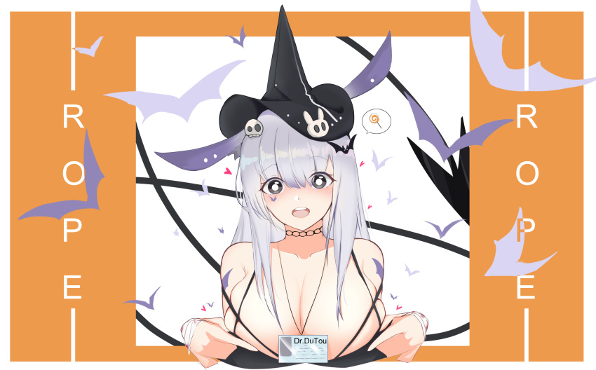 1girl absurdres animal_ears arknights artist_name bat_tattoo black_dress black_eyes black_headwear breasts candy character_name cleavage dress dutou eyebrows_visible_through_hair food hair_ornament hat heart highres id_card large_breasts light_purple_hair lollipop long_hair looking_at_viewer official_alternate_costume open_mouth rabbit_ears rope_(arknights) rope_(imp's_house)_(arknights) skindentation skull_hair_ornament solo spoken_food strap tattoo teeth upper_body upper_teeth witch_hat