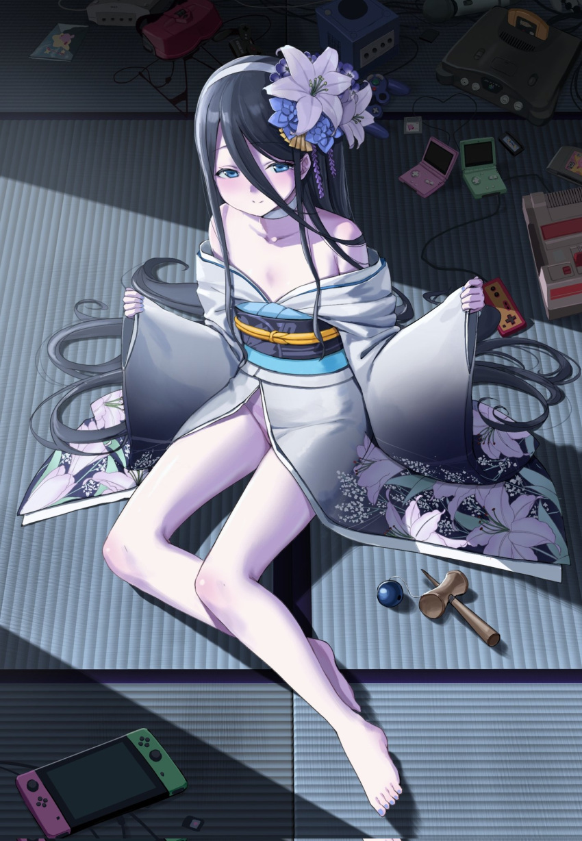 1girl arisu_(blue_archive) bangs barefoot black_hair blue_archive blue_nails blush choker closed_mouth collarbone eyelashes famicom famicom_gamepad feet flat_chest flower from_above game_boy_advance_sp game_cartridge game_console gamecube gamecube_controller grey_kimono hair_between_eyes hair_flower hair_ornament hairband handheld_game_console hands_up highres hitachi_magic_wand japanese_clothes kimono kirby kirby_(series) kirby_64 kirby_air_ride kirby_and_the_amazing_mirror kuro_(zhurunbo1997) legs nail_polish nintendo_64 nintendo_64_controller nintendo_switch obi off_shoulder original pale_skin panties pantyshot print_kimono sash sega_dreamcast sex_toy shadow shiny shiny_clothes shiny_hair sidelocks sleeves_past_wrists smile solo striped striped_panties symbol-only_commentary thighs toenail_polish toenails toes underwear vibrator virtual_boy wide_sleeves