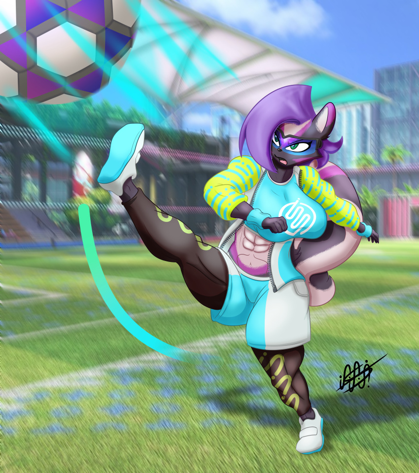 absurd_res anthro ball big_breasts biped breasts clothed clothing digital_media_(artwork) fan_character female fur hair hi_res kick kicking_balls mammal nintendo nintendo_switch nintendo_switch_sports open_mouth rodent sciurid shaded shieradevil signature soccer soccer_ball soccer_field solo sport tamila_(shieradevil) thick_thighs video_games