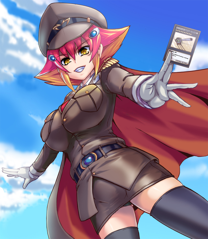 1girl black_legwear black_panties breasts cape card cloud commentary eyebrows_visible_through_hair gloves hat highres holding holding_card kiyukisuke kouzuki_anna large_breasts medium_hair military military_hat military_jacket military_uniform panties pencil_skirt red_cape red_hair skirt sky smirk superdreadnought_rail_cannon_gustav_max thighhighs underwear uniform white_gloves yellow_eyes yu-gi-oh! yu-gi-oh!_zexal