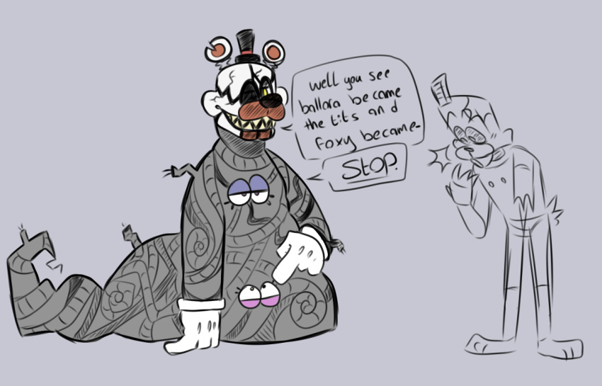 2021 animatronic anthro bent_over broken_arm colored colored_sketch dialogue digital_drawing_(artwork) digital_media_(artwork) duo english_text exposed_bone exposed_endoskeleton five_nights_at_freddy's freddy_fazbear's_pizzeria_simulator gesture lagomorph leporid looking_at_another machine male mammal molten_freddy_(fnaf) multi_eye multicolored_body nipples notched_ear pointing rabbit robot scottgames scraptrap_(fnaf) scut_tail shocked short_tail sketch skkortysoup tagme talking_to_another text ursid video_games wire yellow_eyes yellow_teeth