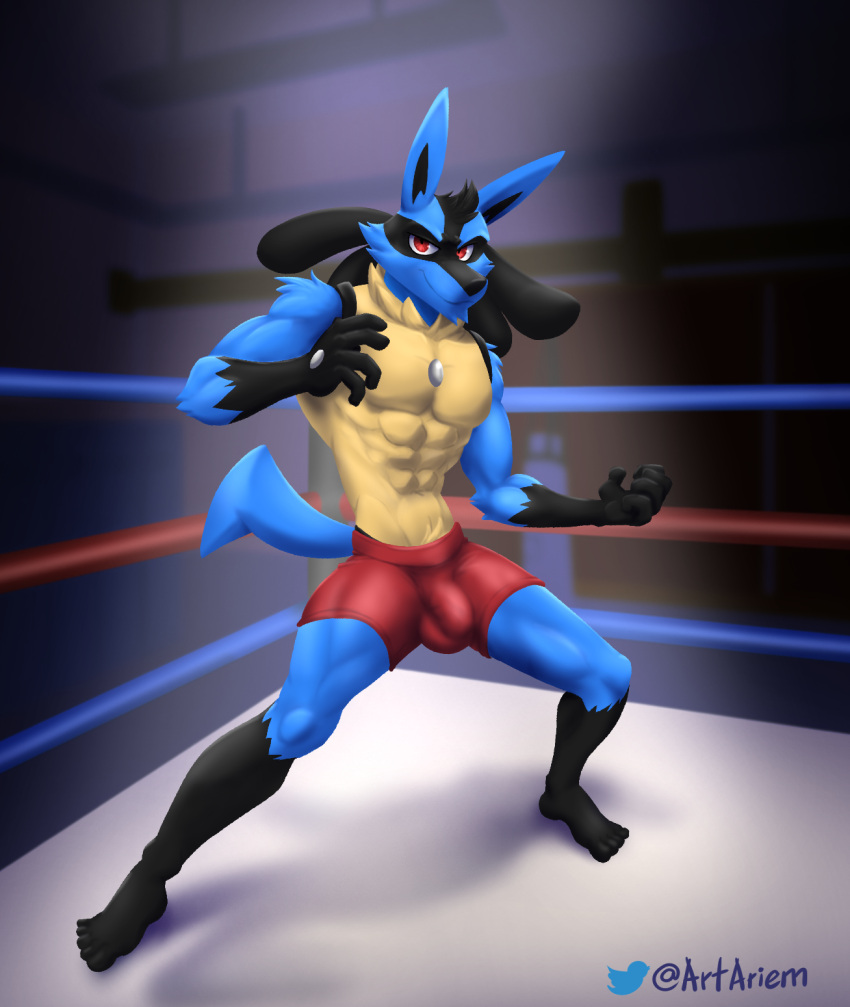 2022 abs anthro artariem athletic athletic_male biceps big_bulge blue_body bottomwear bulge clothed clothing detailed_bulge digital_media_(artwork) digital_painting_(artwork) fighting_pose fighting_ring full-length_portrait gym gym_bottomwear gym_clothing hi_res lucario male muscular nintendo pok&eacute;mon pok&eacute;mon_(species) portrait pose red_clothing red_eyes shaded signature solo standing text topless url video_games yellow_body yellow_chest