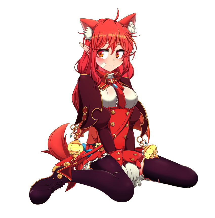 1girl animal_ears bag cape cat_ears dungeon_and_fighter female_mage_(dungeon_and_fighter) gloves highres mage_(dungeon_and_fighter) pointy_ears red_hair satchel sitting smile sss_(komojinos3) tail thighhighs white_background witch_(dungeon_and_fighter)