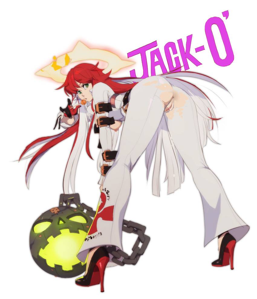 1girl absurdres after_sex after_vaginal anus ass ass_focus bangs bell-bottoms belt belt_buckle bent_over big.boss.requiem black_gloves blunt_ends bodysuit breasts buckle candy collared_shirt colored_inner_hair compass_rose_halo cum cum_in_pussy food full_body gloves guilty_gear guilty_gear_strive hair_between_eyes halo highres jack-o'_valentine large_breasts lips lollipop long_hair long_sleeves looking_at_viewer multicolored_hair pants plunging_neckline pussy red_hair shiny shiny_clothes shirt skin_tight solo torn_clothes torn_pants two-tone_hair white_bodysuit white_hair white_pants white_shirt