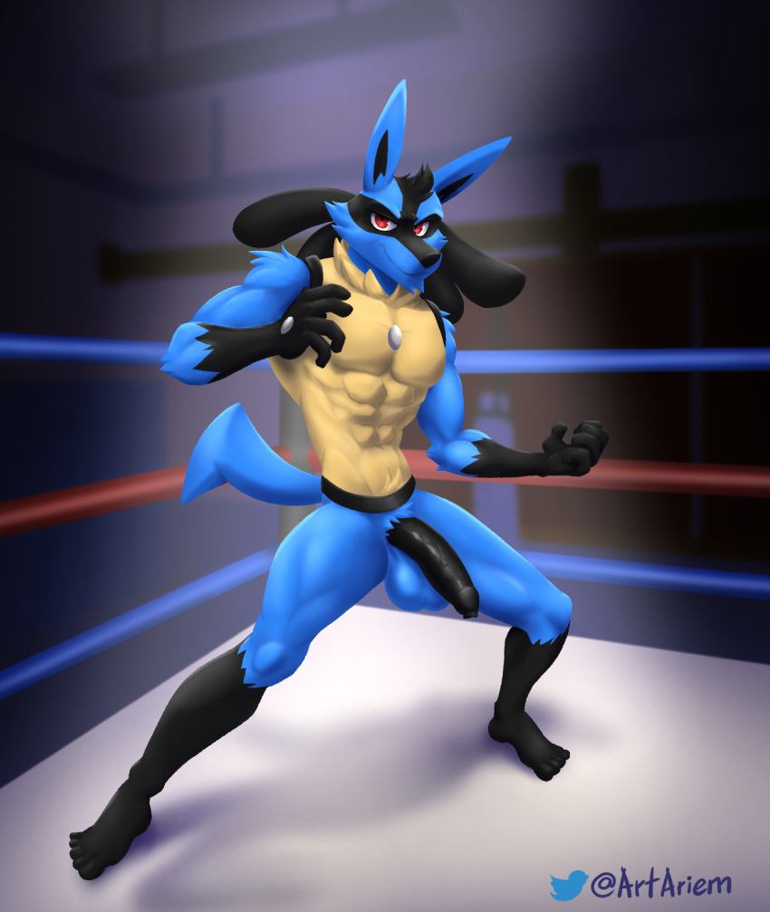 2022 abs anthro artariem athletic balls biceps big_balls big_penis black_penis blue_body digital_media_(artwork) digital_painting_(artwork) fighting_pose fighting_ring flaccid foreskin full-length_portrait genitals gym hi_res lucario male mammal muscular nintendo nude penis pok&eacute;mon pok&eacute;mon_(species) portrait pose red_eyes signature solo standing text url video_games yellow_chest