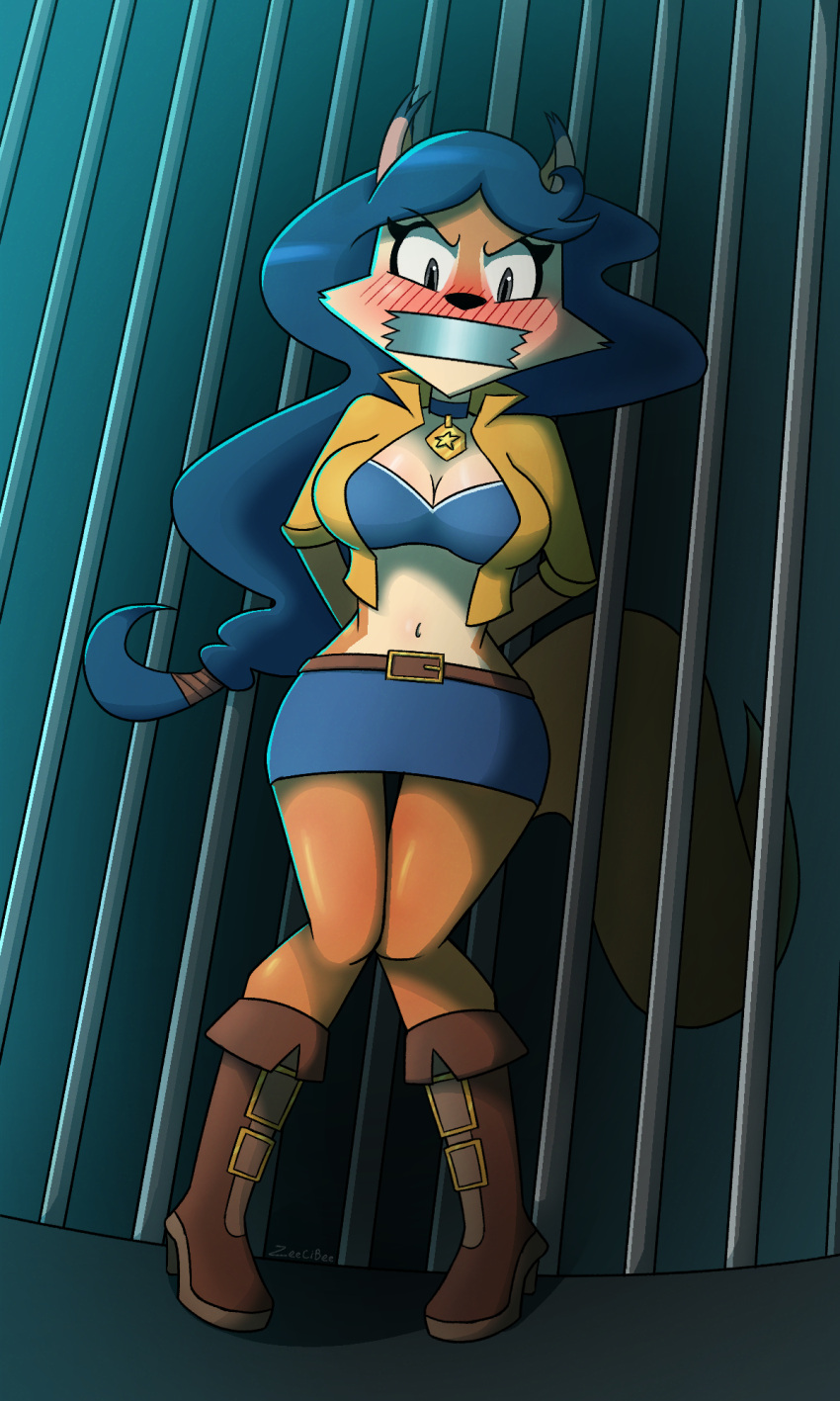 anthro bdsm blush bondage boots bound bra breasts canid canine carmelita_fox clothing collar female footwear fox gag hi_res jacket mammal midriff restraints rope rope_bondage sly_cooper_(series) solo sony_corporation sony_interactive_entertainment sucker_punch_productions tape tape_gag topwear underwear video_games zeecibee