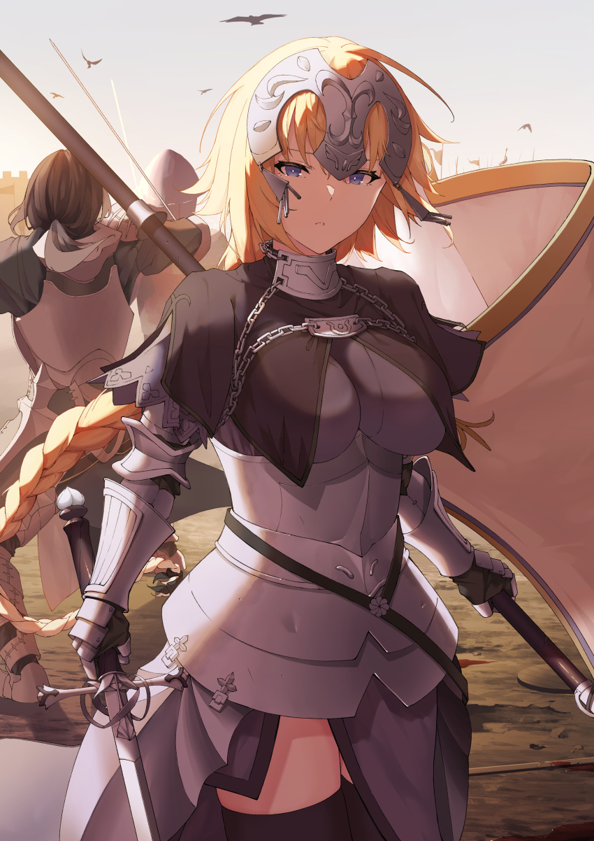 1girl 2boys absurdres animal armor armored_dress bird black_hair black_legwear blonde_hair blood blue_eyes braid breasts chain commentary fate/apocrypha fate/grand_order fate_(series) faulds flag fukuidesu0110 gauntlets gilles_de_rais_(saber)_(fate) headpiece highres holding holding_flag holding_sword holding_weapon jeanne_d'arc_(fate) jeanne_d'arc_(ruler)_(fate) knight large_breasts long_hair looking_at_viewer multiple_boys outdoors plackart ponytail sky standard_bearer sword thighhighs very_long_hair weapon white_flag