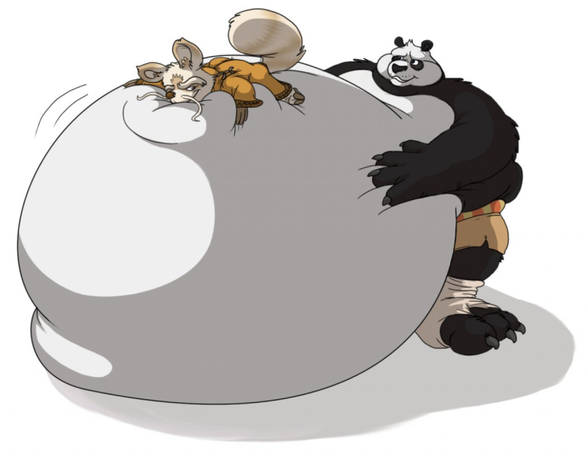 2011 ailurid anthro belly belly_hug big_belly bottomwear claws clothing dreamworks duo eggo21 eye_contact facial_hair fur giant_panda hyper hyper_belly kung_fu_panda looking_at_another looking_back male mammal master_po_ping master_shifu morbidly_obese morbidly_obese_anthro morbidly_obese_male mustache obese obese_anthro obese_male overweight overweight_anthro overweight_male raised_tail red_panda resting_on_belly robe shirtless shirtless_anthro shirtless_male shorts smile toe_claws ursid