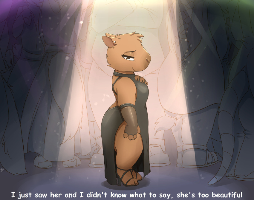 2022 absurd_res anthro breasts brown_body brown_fur capybara caviid clothing digital_media_(artwork) dress ear_piercing english_text female fur group head_tuft hi_res looking_at_viewer louart mammal piercing rodent smile solo_focus spotlight standing text tuft