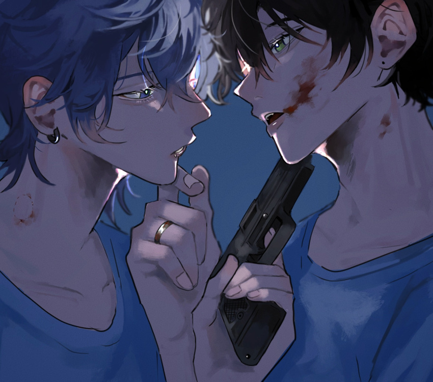2boys at_gunpoint bite_mark black_hair blood blood_on_face blue_background blue_eyes blue_hair blue_skirt earrings green_eyes gun hand_on_another's_chin highres holding holding_gun holding_weapon jewelry lip_piercing looking_at_another male_focus multiple_boys open_mouth original pafujojo piercing ring shirt short_hair skirt t-shirt upper_body weapon yaoi