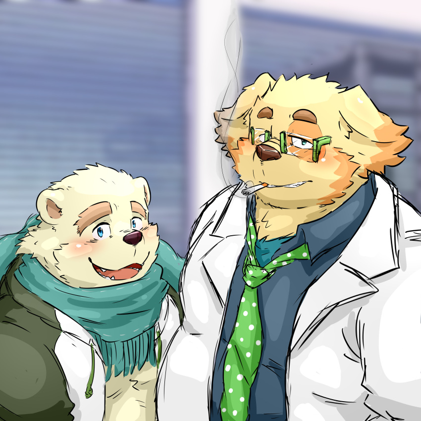 absurd_res anthro bird_dog blush canid canine canis cigarette cu_sith_(tas) domestic_dog duo eyewear glasses golden_retriever hi_res hunting_dog leib_(tas) lifewonders male mammal polar_bear retriever role_reversal samonaa2 scarf smoking tokyo_afterschool_summoners ursid ursine video_games