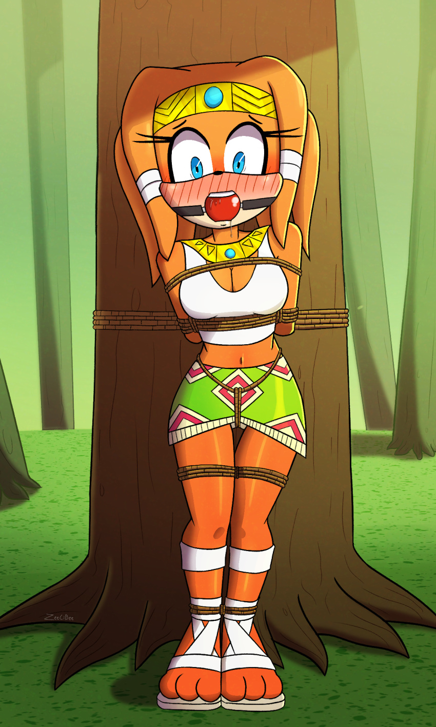 anthro ball_gag bdsm blush bondage bound breasts cleavage clothed clothing crotch_rope crown echidna female footwear gag hi_res jewelry looking_at_viewer mammal midriff monotreme necklace panty_peek plant restraints rope rope_bondage sandals sega solo sonic_adventure sonic_the_hedgehog_(series) tiara tied_to_tree tikal_the_echidna tree zeecibee