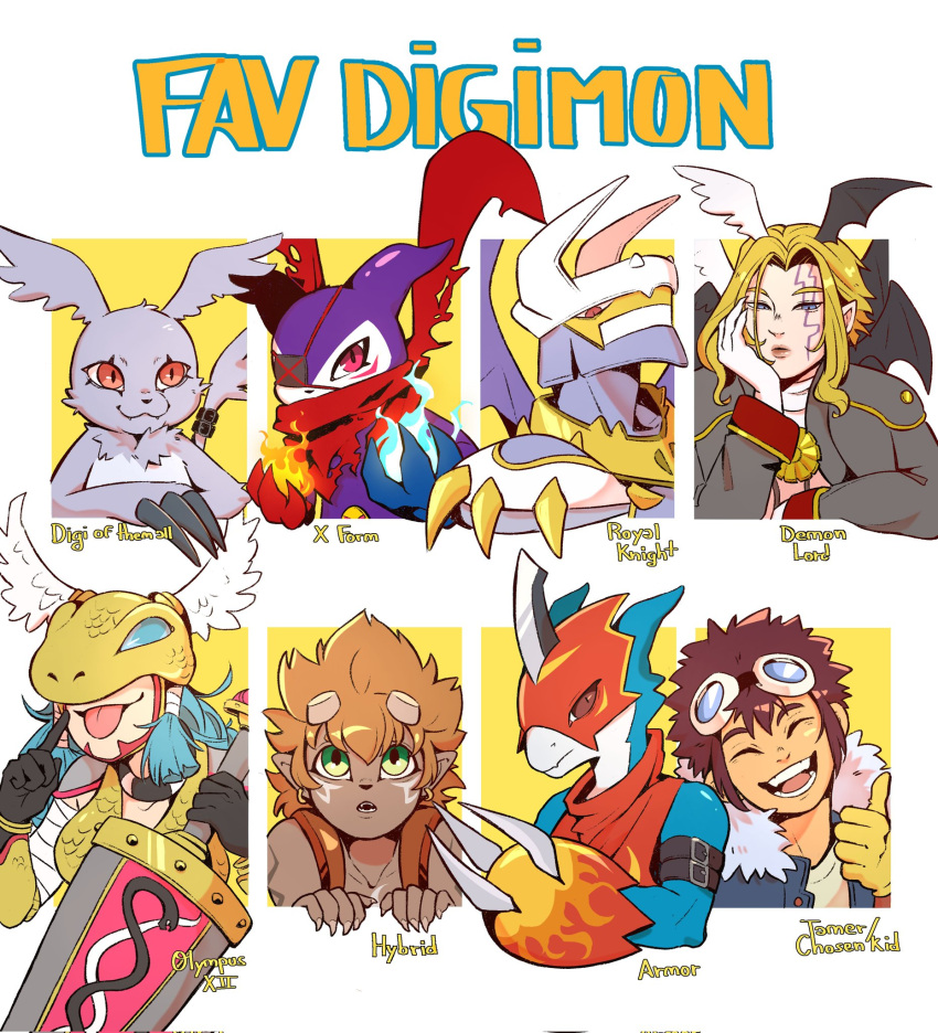 anthro armor bandai_namco blonde_hair blue_body brown_hair davis_motomiya digimon digimon_(species) dynasmon eye_patch eyewear female flamedramon flamemon gazimon goggles green_eyes group hair hi_res horn human humanoid impmon_x lucemon male mammal minervamon nuitt red_hair scarf