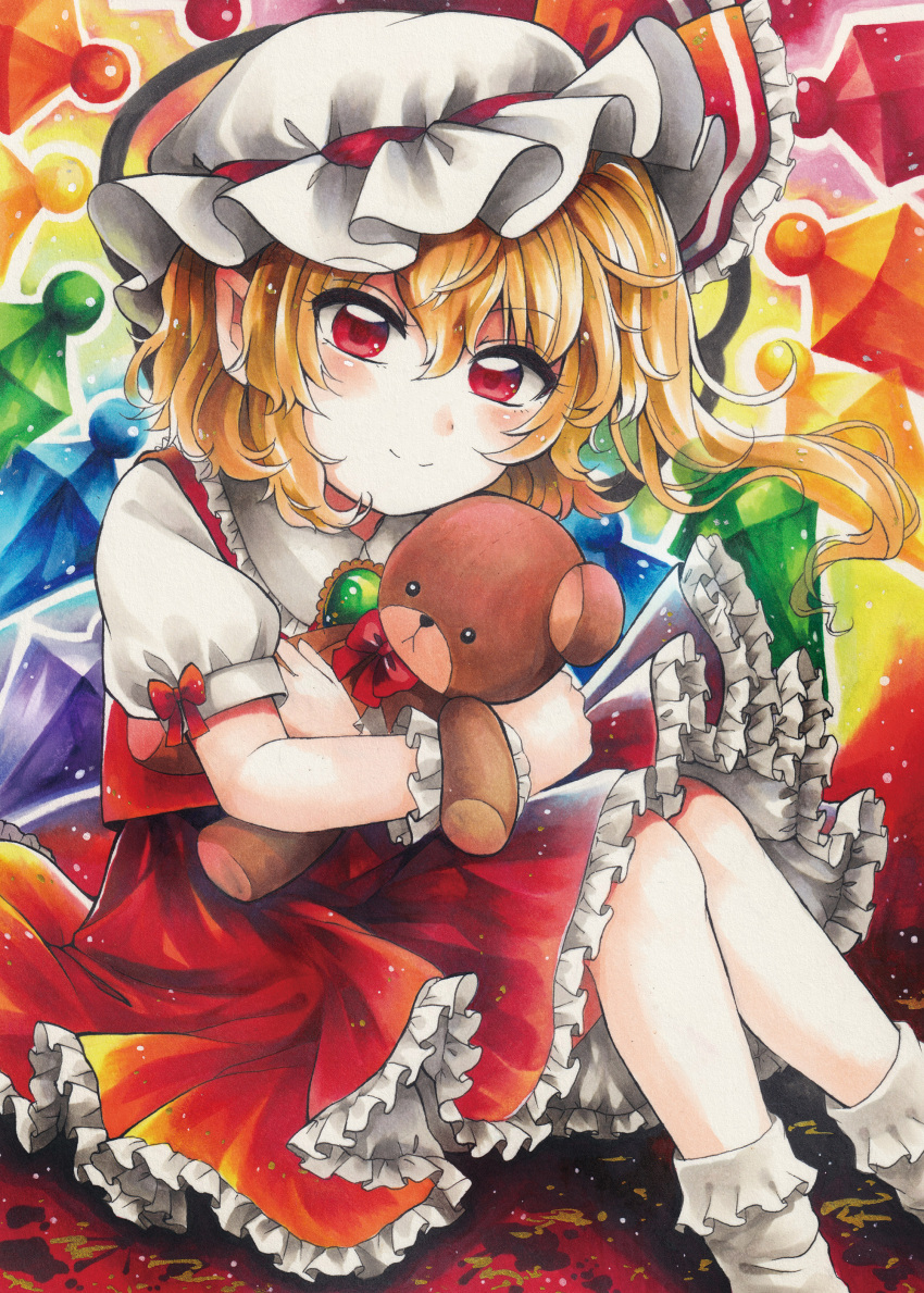 1girl absurdres blonde_hair bobby_socks brooch closed_mouth collared_shirt commentary_request crystal eyebrows_visible_through_hair feet_out_of_frame flandre_scarlet frilled_shirt_collar frilled_skirt frills green_brooch hair_between_eyes hat hat_ribbon head_tilt highres jewelry looking_at_viewer maa_(forsythia1729) marker_(medium) medium_hair mob_cap multicolored_wings object_hug pointy_ears puffy_short_sleeves puffy_sleeves rainbow_order red_eyes red_ribbon red_skirt red_vest ribbon ribbon-trimmed_headwear ribbon_trim shirt short_sleeves sitting skirt skirt_set smile socks solo stuffed_animal stuffed_toy teddy_bear touhou traditional_media vest white_headwear white_legwear white_shirt wings wrist_cuffs
