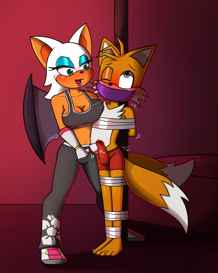 &lt;3 2_tails anthro blush bodily_fluids breast_squish breasts bulge canid canine chiropteran cleavage clothed clothing collar dominant dominant_female duo female fox gag genital_fluids hi_res male male/female mammal midriff miles_prower multi_tail one_eye_closed otm_gag precum rouge_the_bat sega sex_toy sonic_riders sonic_the_hedgehog_(series) squish submissive submissive_male tape_bondage tied_to_pole underwear vibrator wings zeecibee