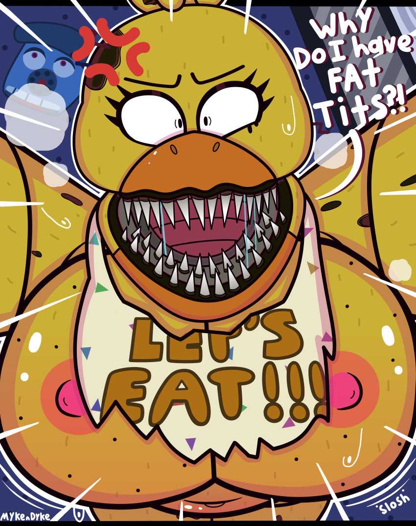 absurd_res animatronic anthro areola avian bib big_breasts bird breasts chicken cross-popping_vein english_text exclamation_point female five_nights_at_freddy's five_nights_at_freddy's_4 galliform gallus_(genus) hi_res huge_breasts looking_at_viewer machine mostly_nude mykendyke nightmare_chica_(fnaf) nipples non-mammal_breasts open_mouth phasianid pink_nipples question_mark robot scottgames sharp_teeth solo teeth text video_games yelling
