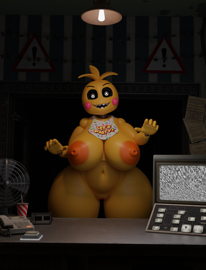 &lt;3 &lt;3_eyes 3d_(artwork) 5_fingers absurd_res alarm_clock animatronic anthro areola avian beakless beverage bib big_areola big_breasts big_nipples bird black_eyebrows black_sclera blonde_hair blush blush_stickers breasts button_(disambiguation) ceiling_lights chicken clitoris clock clothing container cup desk desk_fan digital_media_(artwork) english_text eyebrows fan_(disambiguation) female feversfm fingers five_nights_at_freddy's five_nights_at_freddy's_2 furniture galliform gallus_(genus) genitals glistening glistening_areola glistening_breasts glistening_nipples hair head_tuft hi_res huge_breasts huge_hips huge_thighs inside lightbulb looking_at_viewer lovetaste_chica machine monitor navel nipples noseless note nude office open_mouth open_smile orange_areola orange_nipples orange_pussy paper phasianid phone pupils pussy robot rosy_cheeks scottgames sharp_teeth smile solo source_filmmaker standing table teeth teeth_showing text text_on_clothing thick_thighs thigh_gap toy_chica_(fnaf) tuft video_games white_eyes white_pupils wide_hips yellow_body