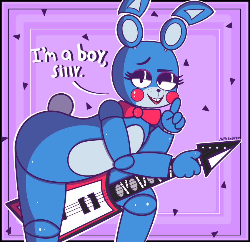 absurd_res animatronic anthro bedroom_eyes bent_over black_eyes blue_body bow_tie buckteeth english_text eyebrows five_nights_at_freddy's five_nights_at_freddy's_2 guitar hi_res holding_guitar lagomorph leporid looking_at_viewer machine male mammal musical_instrument mykendyke narrowed_eyes nude open_mouth open_smile plucked_string_instrument rabbit raised_eyebrow robot scottgames seductive smile solo string_instrument teeth text toy_bonnie_(fnaf) video_games