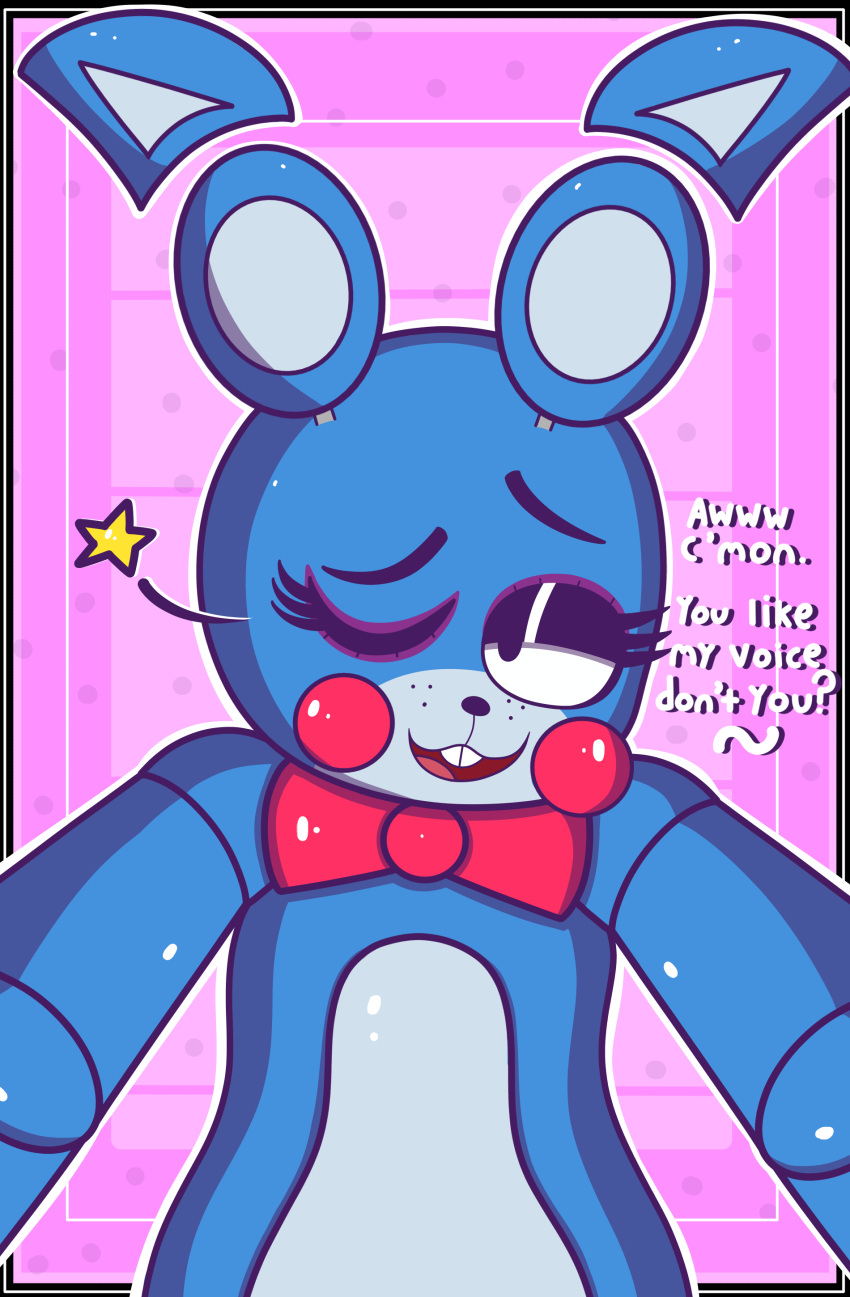 absurd_res animatronic anthro bedroom_eyes black_eyes blue_body buckteeth english_text eyebrows five_nights_at_freddy's five_nights_at_freddy's_2 hi_res lagomorph leporid looking_at_viewer machine male mammal mykendyke narrowed_eyes nude one_eye_closed open_mouth question_mark rabbit raised_eyebrow robot scottgames seductive solo teeth text toy_bonnie_(fnaf) video_games wink