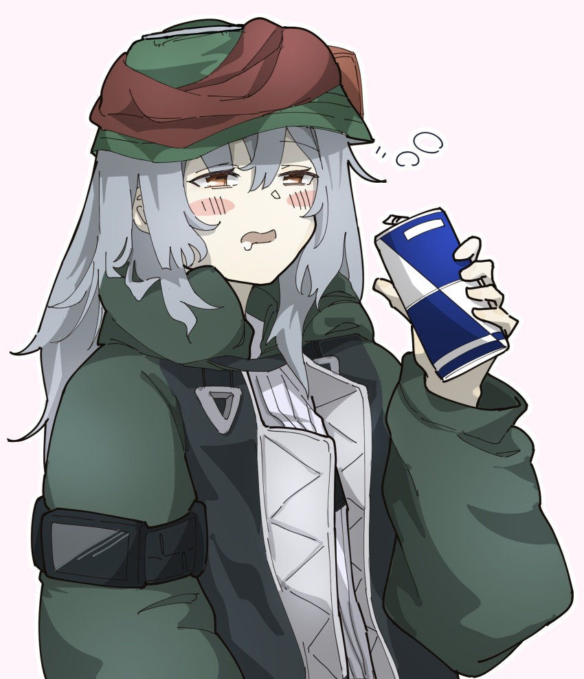 1girl bangs blush brown_eyes eyebrows_visible_through_hair g11_(girls'_frontline) girls'_frontline green_headwear green_jacket grey_hair highres holding holding_jar jacket jar long_hair looking_away open_clothes open_jacket open_mouth shitamichi_4444 simple_background sleepy solo upper_body
