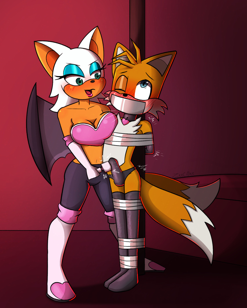 &lt;3 2_tails anthro armwear blush breast_squish breasts bulge canid canine chiropteran cleavage clothed clothing collar dominant dominant_female duo elbow_gloves female fox gag gloves handwear hi_res legwear male male/female mammal midriff miles_prower multi_tail one_eye_closed rouge_the_bat sega sex_toy sonic_the_hedgehog_(series) squish submissive submissive_male tape tape_bondage tape_gag thigh_highs tied_to_pole underwear vibrator wings zeecibee