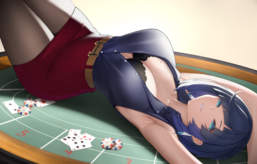 1girl alternate_costume aqua_eyes armpits arms_up bangs black_bra black_legwear blue_hair blue_shirt bra breasts card cleavage collared_shirt commentary english_commentary genshin_impact highres large_breasts looking_at_viewer lying mixed-language_commentary office_lady on_back pantyhose parted_lips playing_card poker poker_chip poker_table red_skirt shirt shirt_tucked_in short_hair skirt smile solo terebi_(shimizu1996) underwear yelan_(genshin_impact)