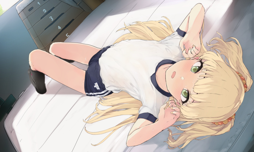 1girl :o bikini black_legwear blonde_hair blue_shorts blush collarbone dutch_angle flat_chest green_eyes gym_storeroom gym_uniform idolmaster idolmaster_cinderella_girls indoors jougasaki_rika kneehighs knees_up long_hair looking_at_viewer lying mat navel on_back ripu_(lipi) shorts solo swimsuit two_side_up upside-down very_long_hair