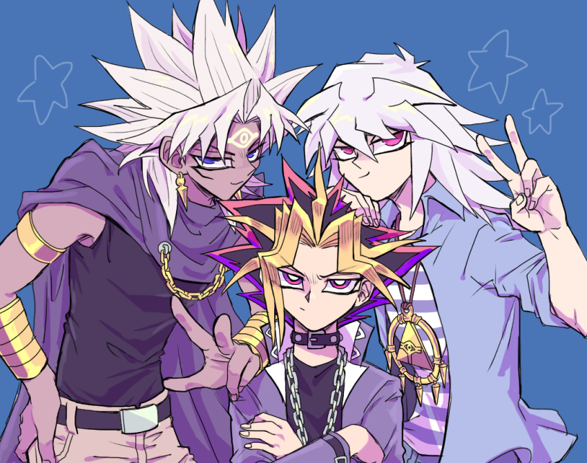 3boys belt_collar black_hair blonde_hair blue_eyes collar crossed_arms dark_skin long_hair looking_at_viewer male_focus millennium_puzzle multiple_boys purple_eyes red_hair roku_(suzusuzu65972012) smile unamused v white_hair yami_bakura yami_marik yami_yuugi yu-gi-oh! yu-gi-oh!_duel_monsters