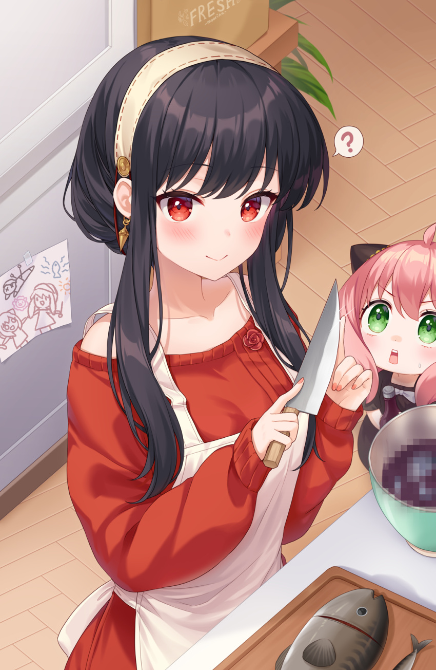 2girls ? ahoge anya_(spy_x_family) bad_food bangs bare_shoulders black_dress black_hair breasts censored censored_food collarbone dress english_commentary fish food green_eyes hair_cones hairband highres holding holding_knife knife large_breasts long_hair moorina mosaic_censoring multiple_girls pink_hair red_sweater shiny shiny_hair short_sleeves smile speech_bubble spy_x_family sweater yor_briar