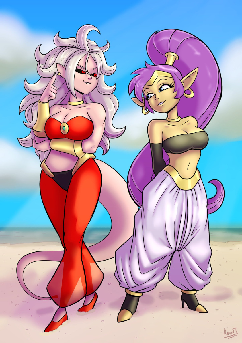 2022 alien alien_humanoid beach blue_eyes breasts cleavage clothed clothing cloud cosplay crossover crossover_cosplay day dragon_ball dragon_ball_fighterz duo ear_piercing ear_ring eye_contact female footwear genie hair hi_res humanoid humanoid_pointy_ears kevintrentin looking_at_another majin majin_android_21 not_furry piercing pink_body pink_skin ponytail purple_hair red_eyes sand seaside shantae shantae_(series) shoes signature sky smile tan_body tan_skin video_games water wayforward white_hair