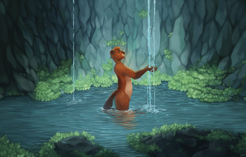 allegrosky anthro beaver brown_body brown_fur chubby_male fur male mammal nude outside partially_submerged ponder_beaver_(character) rodent solo waterfall