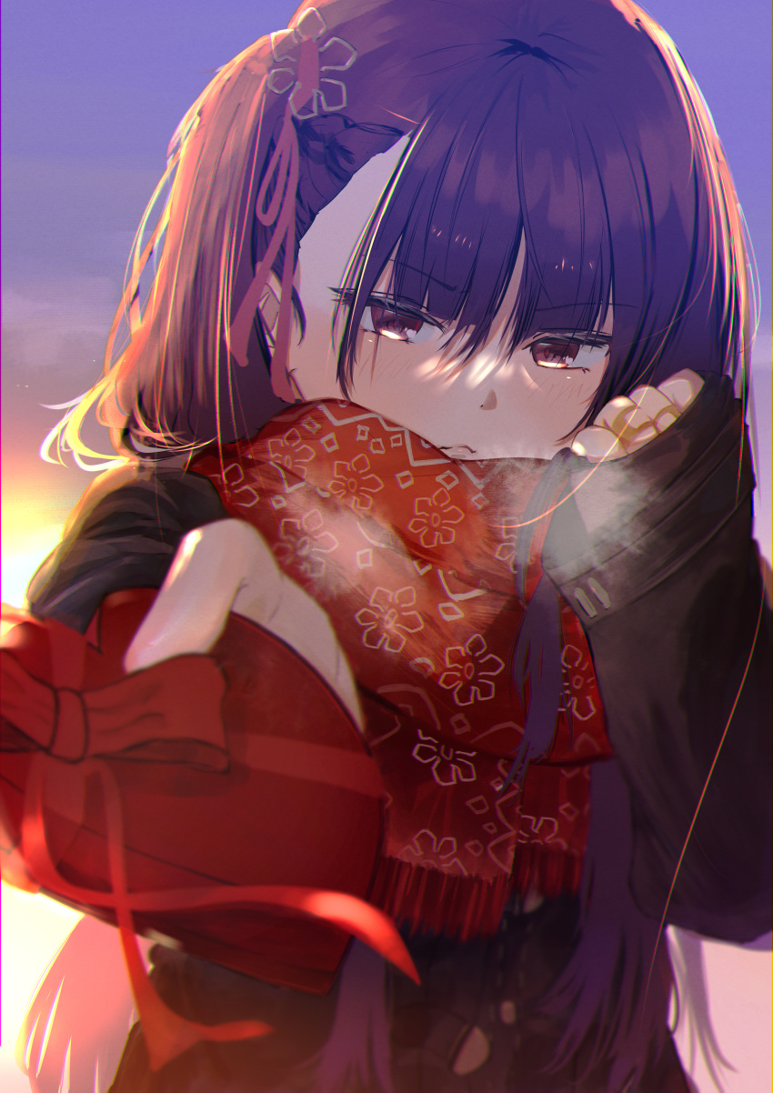 1girl absurdres black_coat box breath coat eyebrows_visible_through_hair gift gift_box girls'_frontline hair_ribbon heart-shaped_box highres holding holding_gift long_hair one_side_up red_eyes red_hair red_ribbon red_scarf ribbon ryunosuke_nikaido scarf solo upper_body v-shaped_eyebrows valentine wa2000_(girls'_frontline)