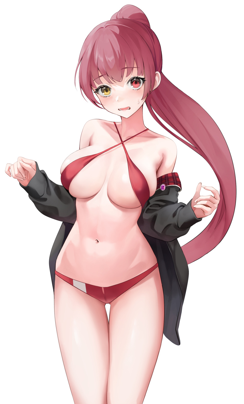 1girl absurdres bangs bare_shoulders bikini black_jacket blush breasts collarbone eyebrows_visible_through_hair floating_hair hands_up heterochromia highres hololive houshou_marine jacket long_hair looking_at_viewer navel off_shoulder open_mouth ponytail rable red_bikini red_eyes red_hair simple_background skindentation solo stomach sweatdrop swimsuit thigh_gap virtual_youtuber white_background yellow_eyes