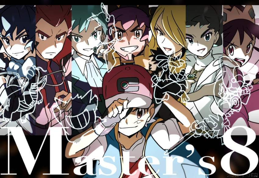 3girls 5boys alain_(pokemon) arm_behind_head ash_ketchum bangs black_gloves blue_jacket brown_eyes closed_mouth commentary_request cynthia_(pokemon) diantha_(pokemon) dracovish dragonite dynamax_band fingerless_gloves gengar gloves hand_on_headwear hat highres iris_(pokemon) jacket lance_(pokemon) leon_(pokemon) lucario multiple_boys multiple_girls pikachu pokemon pokemon_(anime) pokemon_swsh_(anime) red_headwear shirt short_hair short_sleeves sirfetch'd sleeveless sleeveless_jacket smile t-shirt ueda_hanako white_shirt