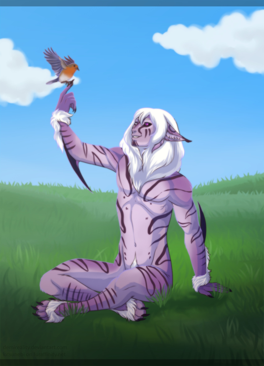 ambiguous_gender arm_tuft avian black_claws black_sclera claws demireality duo ear_tuft ears_back feral front_view grass hair hi_res humanoid kitsunebi long_hair male navel pivoted_ears plant purple_body purple_ears sitting striped_arms striped_body striped_legs stripes tuft white_hair