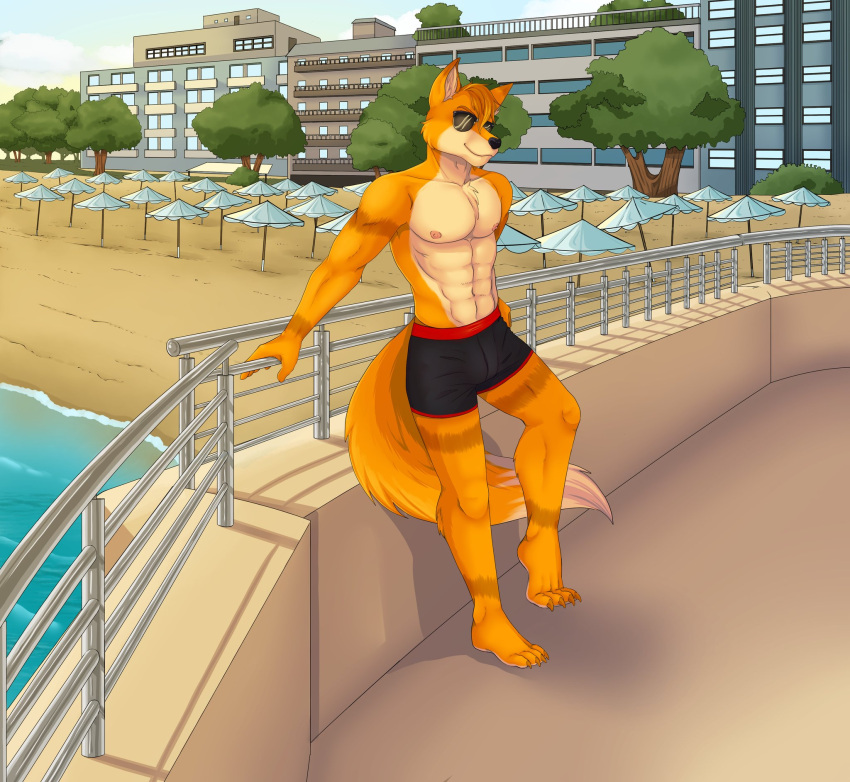 abs aless-sotan anthro athletic athletic_male barechested beach black_nose brown_eartips brown_hair brown_stripes canid canine clothed clothing digital_drawing_(artwork) digital_media_(artwork) eyewear fox fur hair hi_res leaning leaning_back leaning_on_wall looking_at_viewer male mammal multicolored_body multicolored_fur nipples orange_body orange_fur orange_tail pascalthepommie pecs pink_nipples pinup pose seaside seductive smile smiling_at_viewer solo standing stripes summer sunglasses swimming_trunks swimwear tan_body tan_fur tan_tail_tip topless topless_male two_tone_body two_tone_fur