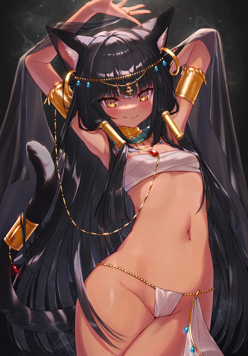 1girl animal_ears ankh anubis armlet armpits arms_up bangs black_hair blunt_bangs blush breasts cat_ears cat_girl cat_tail closed_mouth dancer dark-skinned_female dark_skin egyptian egyptian_clothes egyptian_mythology eyebrows_visible_through_hair fang gold harem_outfit highres komiya_nigi long_hair looking_at_viewer navel original panties revealing_clothes sidelocks sling_bikini_top small_breasts smile solo standing stomach tail tail_ornament tail_ring underwear usekh_collar very_long_hair white_panties yellow_eyes