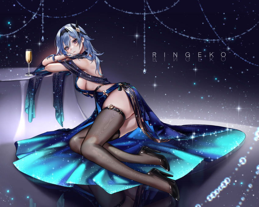 1girl alcohol alternate_costume artist_name ass backless_dress backless_outfit black_gloves black_hairband black_legwear blue_dress blue_hair blurry breasts champagne champagne_flute commission cup depth_of_field dress drinking_glass eula_(genshin_impact) full_body genshin_impact gloves hair_ornament hairband high_heels highres looking_at_viewer medium_breasts medium_hair moire purple_eyes ringeko-chan sideboob solo space_print sparkle starry_sky_print thighhighs