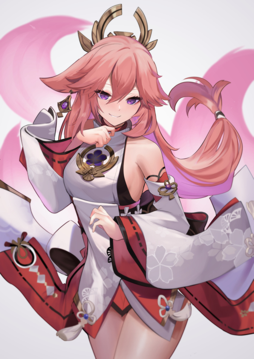 1girl animal_ears bare_shoulders breasts cowboy_shot detached_sleeves dress fox_ears fox_girl fox_tail genshin_impact grin hair_ornament hand_up highres kitsune long_hair long_sleeves looking_at_viewer multiple_tails pink_hair purple_eyes short_dress small_breasts smile solo tail thighs very_long_hair white_dress wide_sleeves yae_miko yoshizawa_tsubaki