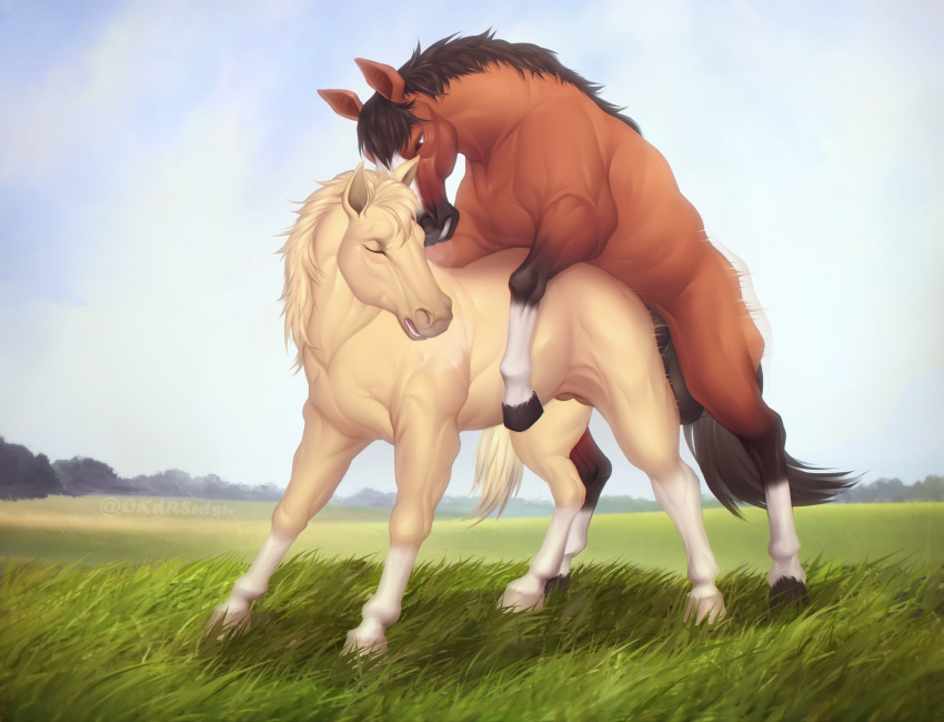 absurd_res ambiguous_penetration balls big_balls brown_body brown_fur duo equid equine eyes_closed female female_penetrated feral feral_on_feral feral_penetrated feral_penetrating feral_penetrating_feral field from_behind_position fur genitals grass hi_res hooves horse male male/female male_penetrating male_penetrating_female mammal mane mounting okdrsutsu outside penetration plant sex sky tan_body tan_fur