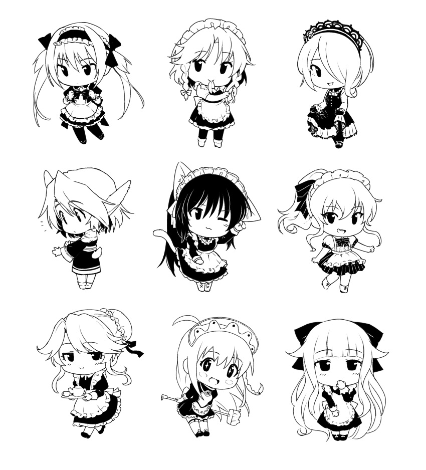 6+girls absurdres apron black_gloves braid character_request chibi copyright_request danganronpa_(series) danganronpa_v3:_killing_harmony dress gloves hair_over_one_eye highres izayoi_sakuya maid maid_apron maid_headdress monochrome multiple_girls nifffi pantyhose pinafore_dress short_hair touhou toujou_kirumi twin_braids waist_apron