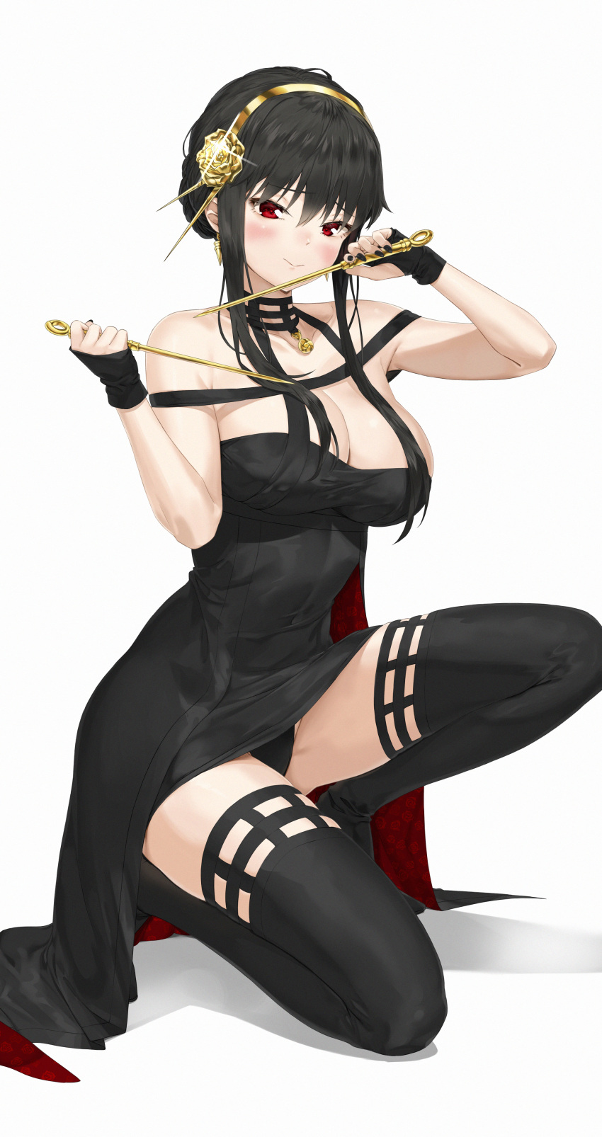 1girl absurdres arms_up bangs bare_shoulders black_dress black_gloves black_hair black_legwear black_nails blush breasts cleavage closed_mouth dagger dress dual_wielding fingerless_gloves floral_print flower glint gloves gold_hairband hair_flower hair_ornament highres holding holding_dagger holding_weapon knife large_breasts long_hair nervous_smile off-shoulder_dress off_shoulder one_knee pixel_(yuxian) raised_eyebrows red_eyes rose rose_print shadow sidelocks simple_background solo spikes spy_x_family squatting two-sided_dress two-sided_fabric weapon white_background yor_briar