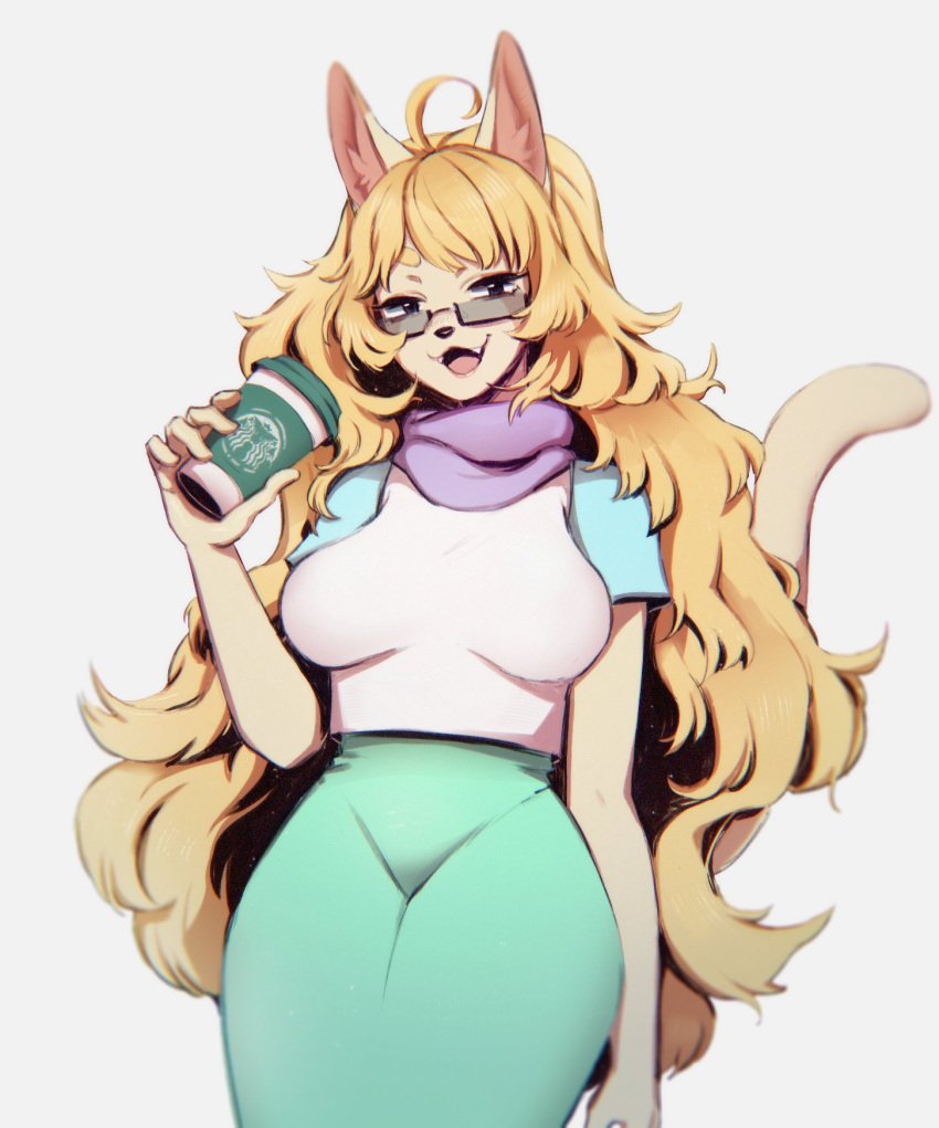 2018 5_fingers anthro beverage black_nose blonde_hair breasts clothing cute_fangs domestic_cat felid feline felis fingers fur hair hi_res holding_beverage holding_object indigo_cho long_hair looking_at_viewer mammal open_mouth scarf shirt simple_background smile square_glasses tan_body tan_fur topwear white_background