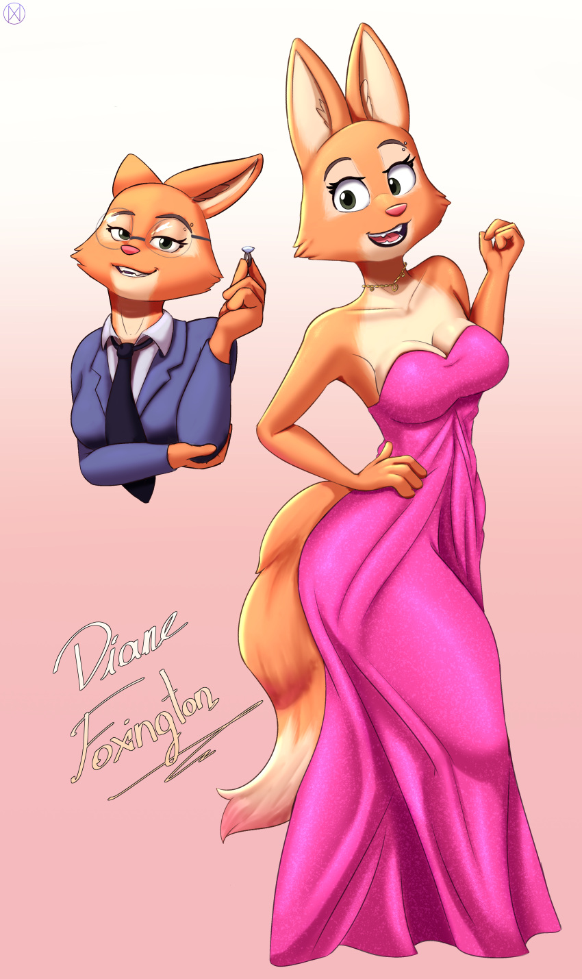 absurd_res anthro breasts canid canine cleavage clothed clothing diane_foxington dreamworks dress eyewear female fox fur glasses hi_res mammal necktie nexcoyotlgt orange_body orange_fur solo the_bad_guys