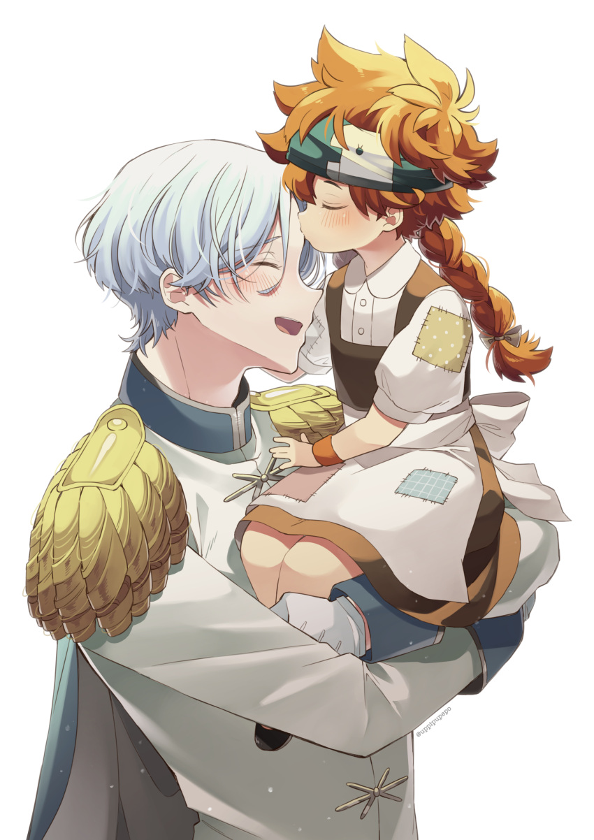 2boys absurdres armor blue_hair braid closed_eyes dress hair_between_eyes hasegawa_langa headband highres kiss kissing_forehead kyan_reki long_sleeves looking_at_viewer messy_hair multiple_boys open_mouth otoko_no_ko red_hair shirt short_hair shoulder_armor single_braid sk8_the_infinity smile uppi white_background younger