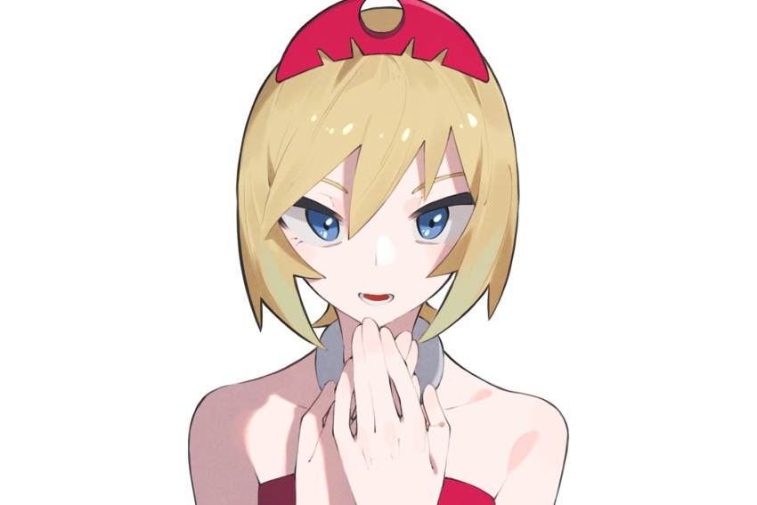 1girl aoi_(altea0923) bangs blonde_hair blue_eyes collar collarbone commentary hair_between_eyes hairband hands_up irida_(pokemon) looking_at_viewer lower_teeth open_mouth own_hands_together pokemon pokemon_(game) pokemon_legends:_arceus red_hairband red_shirt shirt short_hair simple_background strapless strapless_shirt teeth tongue upper_body white_background