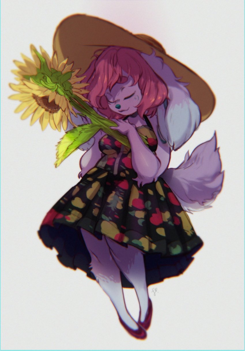 2018 absurd_res anthro breasts clothing dress eyes_closed female flower footwear hair hi_res holding_flower holding_object indigo_cho lagomorph leporid mammal pink_hair plant rabbit shoes simple_background smile solo sun_hat sunflower white_background