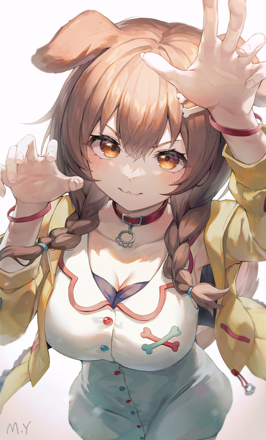 1girl :3 absurdres animal_ears bone_hair_ornament braid breasts brown_tail cartoon_bone cleavage collar dog_ears dog_girl dog_tail hair_ornament highres hololive inugami_korone jacket large_breasts low_twin_braids myung_yi red_collar side_braids tail twin_braids virtual_youtuber yellow_jacket