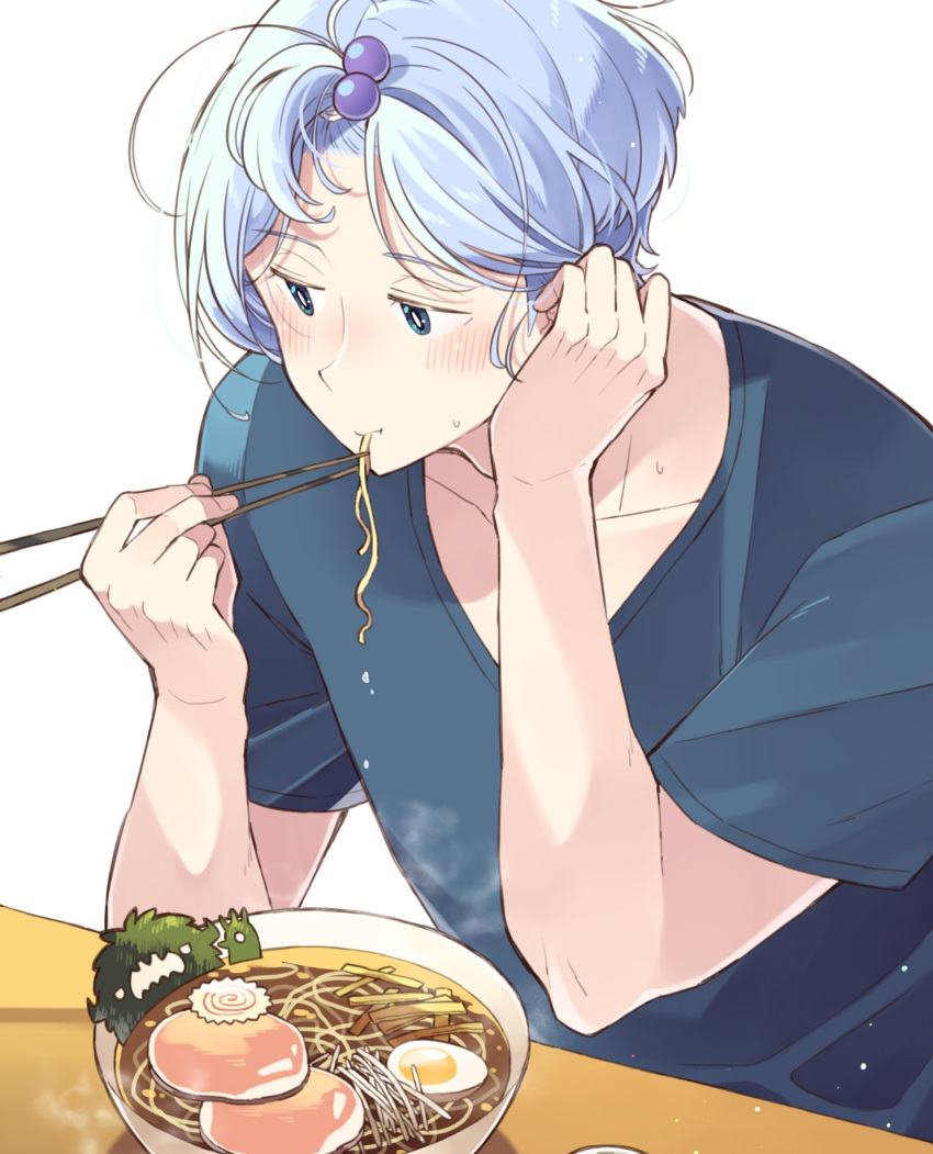 blue_eyes blue_hair blue_shirt bowl chopsticks eating food forehead hair_ornament hasegawa_langa highres noodles ramen shirt short_hair sk8_the_infinity t-shirt uppi white_background