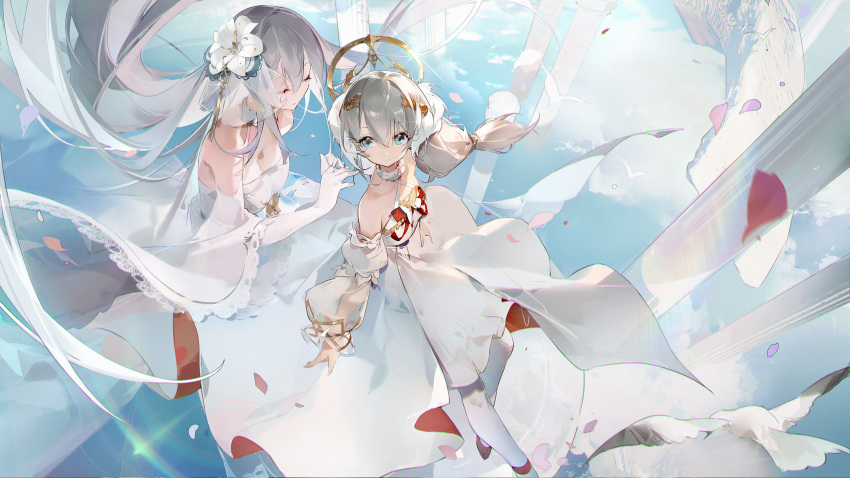 2girls ankle_strap anniversary bangs bare_shoulders benghuai_xueyuan bird breasts cecilia_schariac character_request check_character choker cleavage closed_mouth column detached_sleeves dress elbow_gloves floating_hair flower gloves hair_flower hair_ornament highres honkai_(series) long_hair multiple_girls petals pillar see-through smile strapless strapless_dress theresa_apocalypse tracyton veil very_long_hair white_dress white_flower white_gloves white_legwear wind